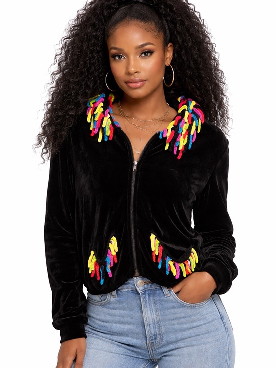 Sweaters - Victoria Harbour Sweater Jacket Full Zip Up Black with Colorful Fringe